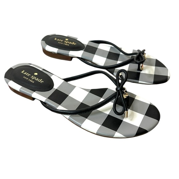 NEW Kate Spade Mistic Black Check Nappa Leather T-Strap Sandals Size 10 - Picture 1 of 8